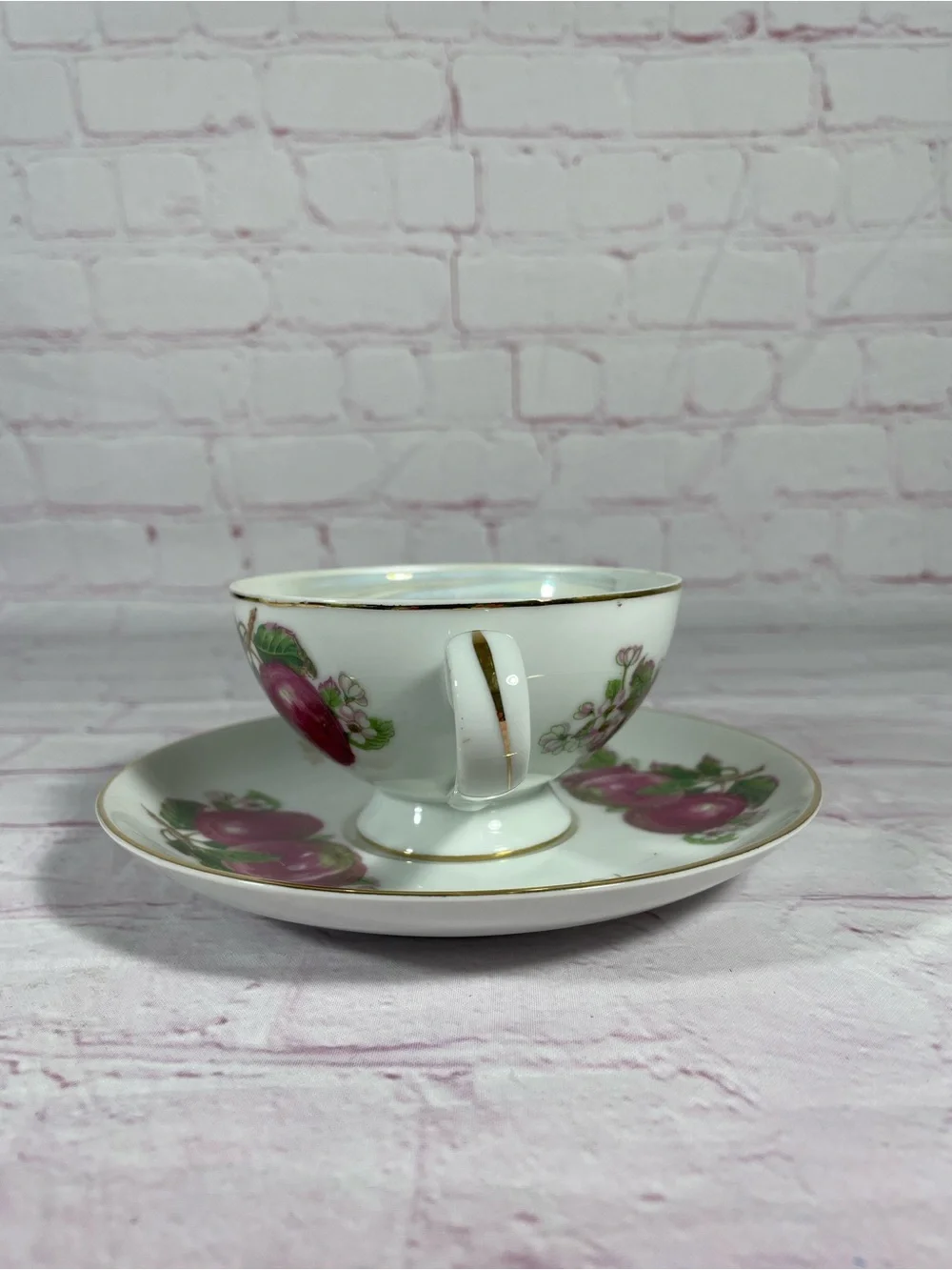 Vintage Plum and Floral Iridescent Footed Teacup and Saucer Set Gold Trim Japan